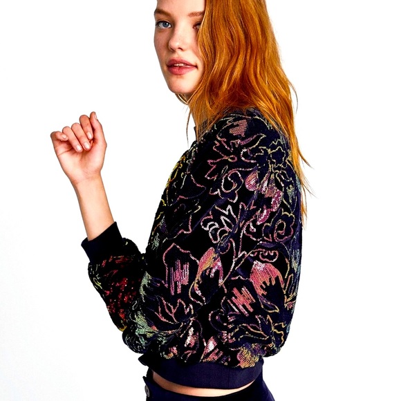 Zara Sweaters Zara Velvet Floral Sequin Embroidered Sweatshirt